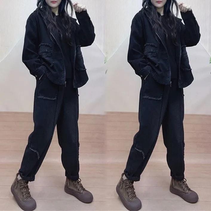 Spring and Autumn Fashion Casual Denim Jacket Spring and Autumn Two-piece Western Style Thin Harem Pants Loose Suit