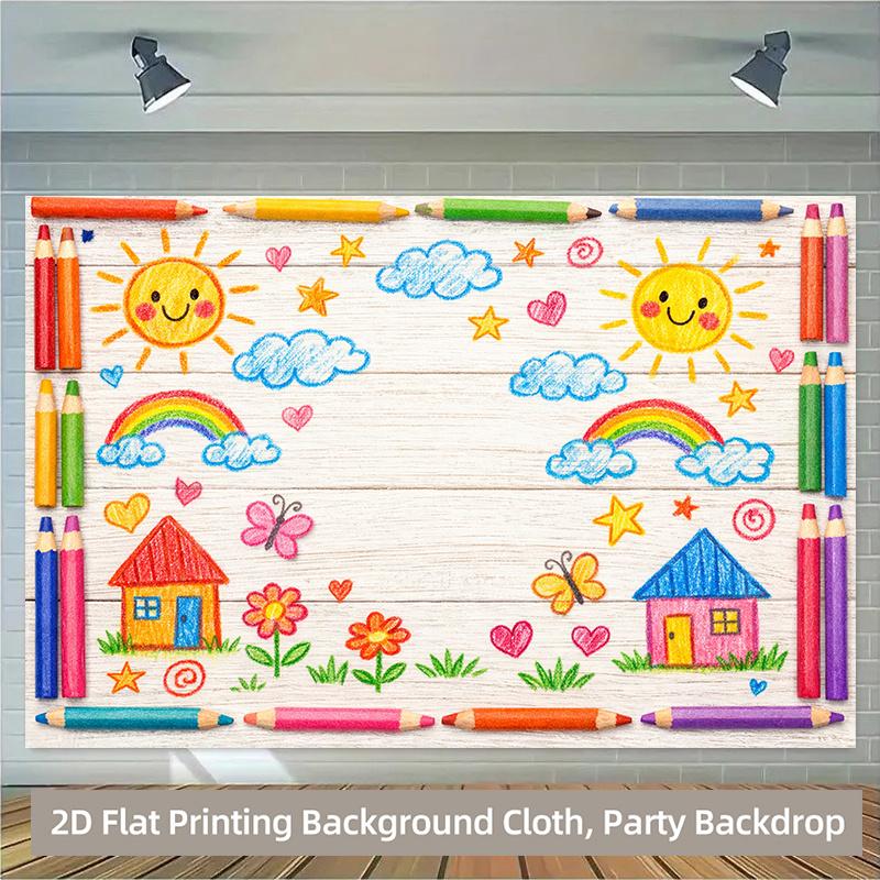 1 piece of 2D flat banner colorful pencil drawing showcasing joyful elements polyester background fabric party banner