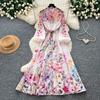 2026 Autumn Floral Print Maxi Dress Women‘s Stand Collar Long Sleeve Sashes A-Line Chiffon Dress Elegant Vacation Party Dress