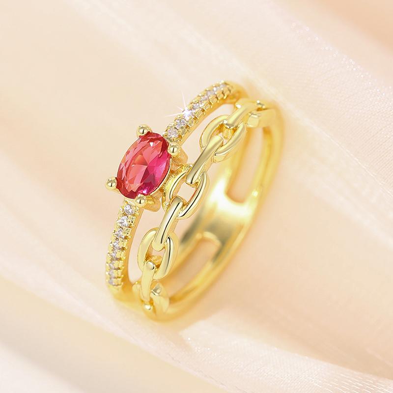 Huitan Newly Designed Red Cubic Zirconia Women Rings Statement Chain Design Gold Color Female Rings for Wedding Party Jewelry