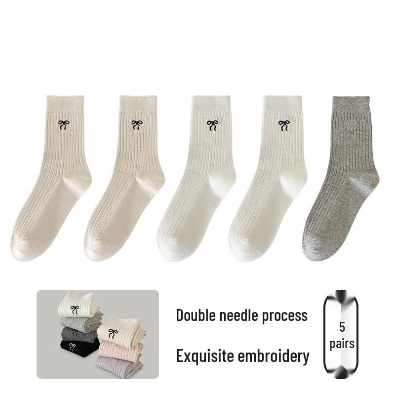 Girls' Mid-Calf Seamless Cotton Socks with Butterfly Embroidery - Wear-Resistant, Anti-Pilling, for Spring and Autumn