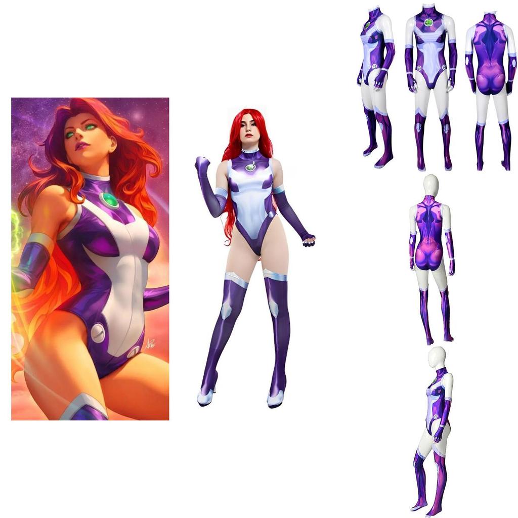 Teen Titans Starfire Cosplay Jumpsuit Halloween Kostüm Für Erwachsene Kinder 3D Druck Dehnbarer Atmungsaktiver Stoff