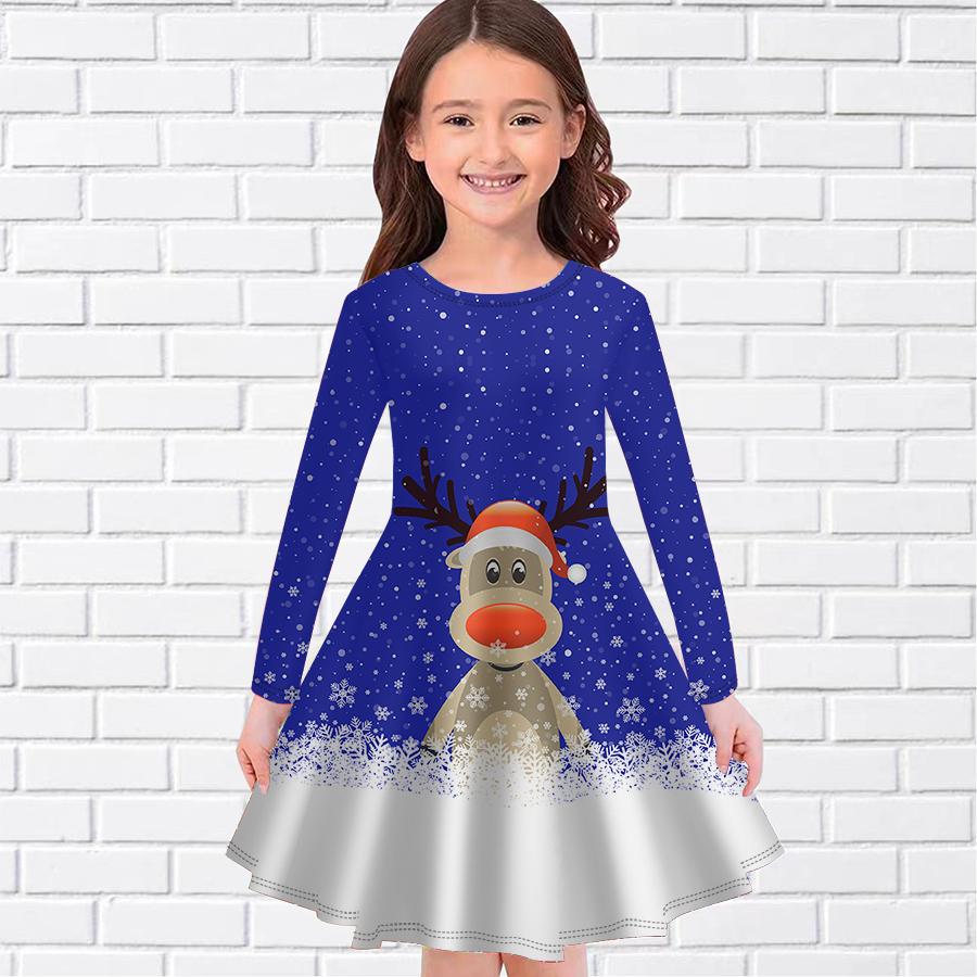 Girl Casual Christmas Reindeer Print Round Neck Long Sleeve Dress Kid Princess Dress