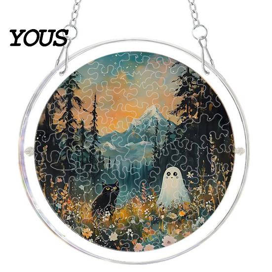 Acrylic Halloween Decoration Suncatcher Jigsaw Puzzle Set, Spooky Ghost Floral Meadow Window Hanging Ornament with Metal Lightweight Frame