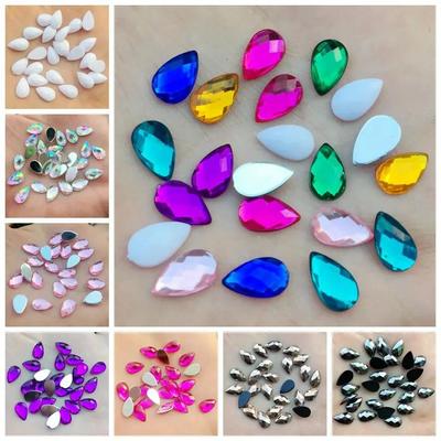 80 Stück 6*10 mm Tropfen-Strasssteine ​​mit flacher Rückseite, Acryl-Edelsteine, Kristallsteine, nicht nähende Perlen für DIY-Kleidung – HB00