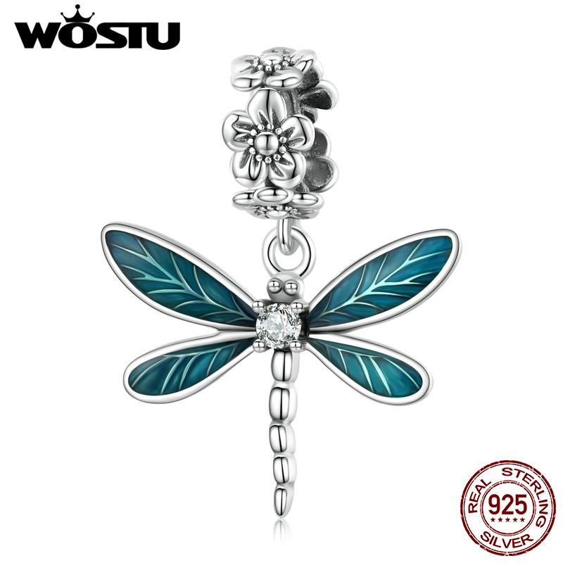 WOSTU 2021 925 Sterling Silver Flower Gorgeous Dragonfly Insect Pendant Charm Beads Fit Original Bracelet DIY Jewelry CTC521