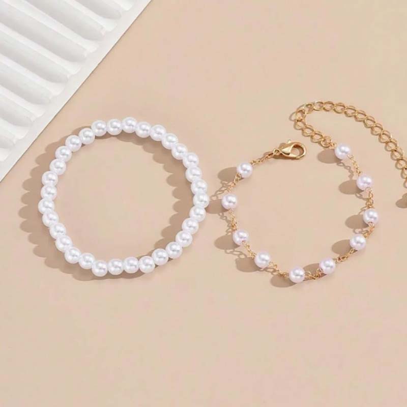 Retro White Imitation Pearl Bracelet for Women Elegant Double Layer Handmade Beaded Chain Bracelet Bangles Jewelry Gift