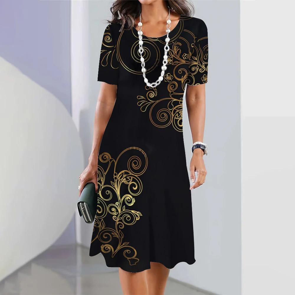 Sukienka w kwiatowy nadruk 3D o kroju A-line Damska Retro Dekolt O-ringowy Krótki rękaw Luźna Letnia Modna Sukienka na imprezę
