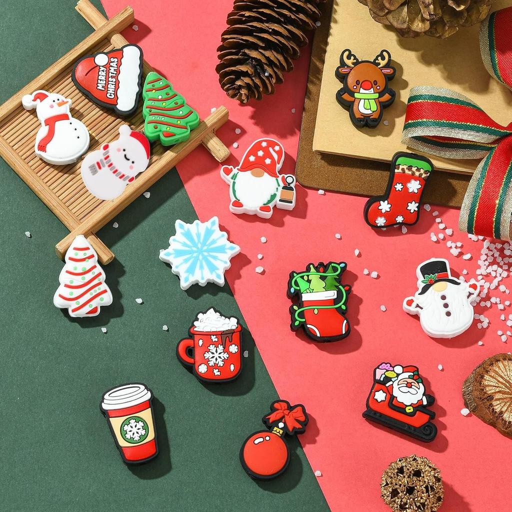 LiQunSweet 15 Pcs 15 Styles Christmas Theme Silicone Beads Santa Claus Tree Socks Snowman Snowflake Beads for DIY Jewelry Keychain Pen Craft