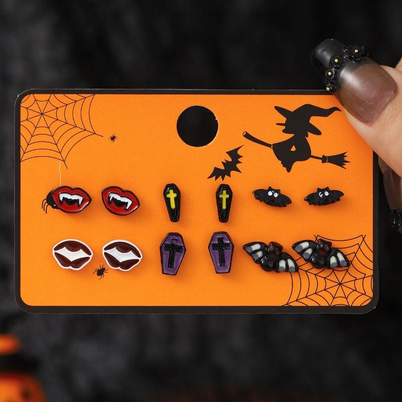 Hot Sale Halloween Stud Earrings Combination Cartoon Funny Pumpkin Head Ghost Bat Element Stud Earrings Set