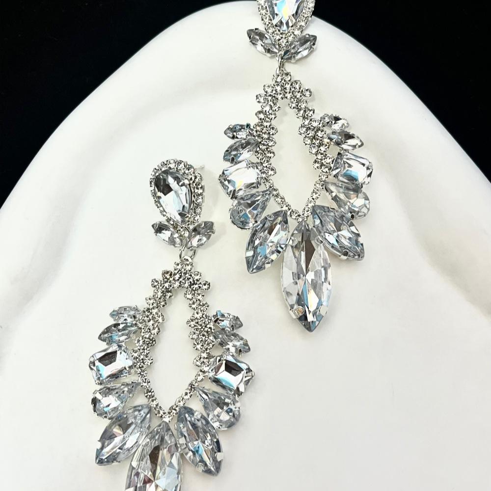French Rhinestone Dangle Earrings for Non-Pierced Ears: Shiny Water Drop Clip-Ons