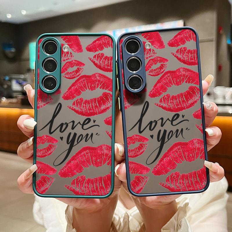 Rote Lippen Muster Slim Stoßfest Matte Hülle Für Samsung S25 Ultra S24 FE S23 S22 A16 A56 A55 A36 A26 A15 A35 Linsenschutz Transparente Handyhülle