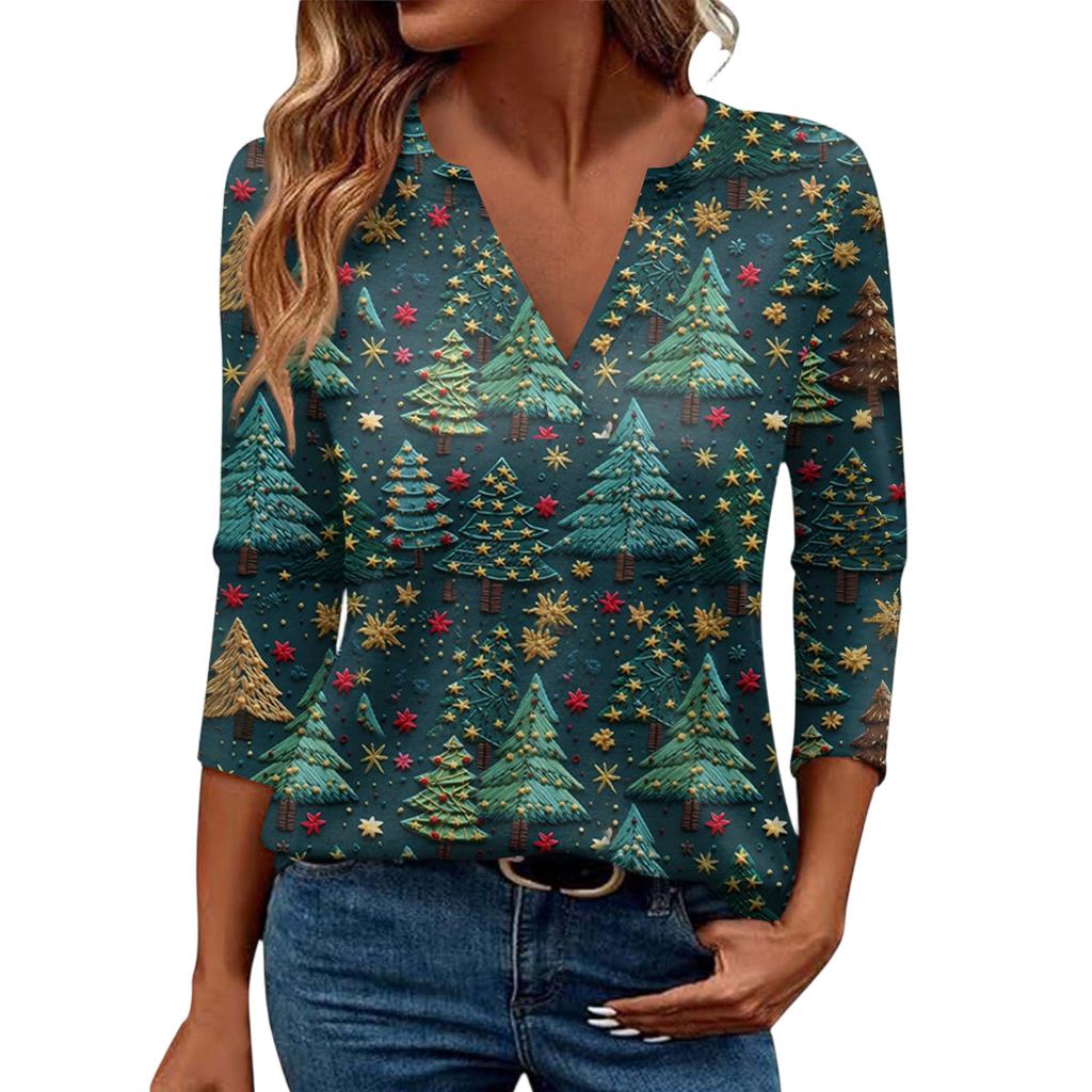 Women's Casual Fashionable Sexy Comfortable V-Neck Christmas Three-Quarter Sleeve Top