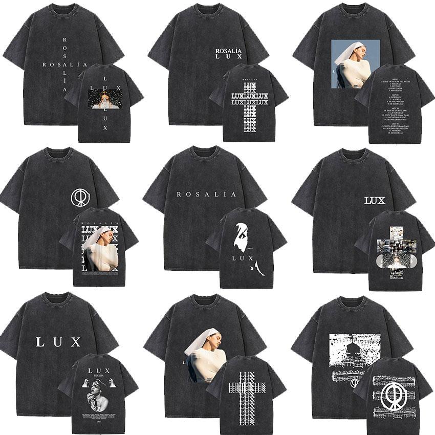 Limited Singer Rosalia Lux Tour 2025 Vintage Washed T Shirts Men Women's Pop Music Hip Hop Short Sleeve T-shirt Fans Streetwear