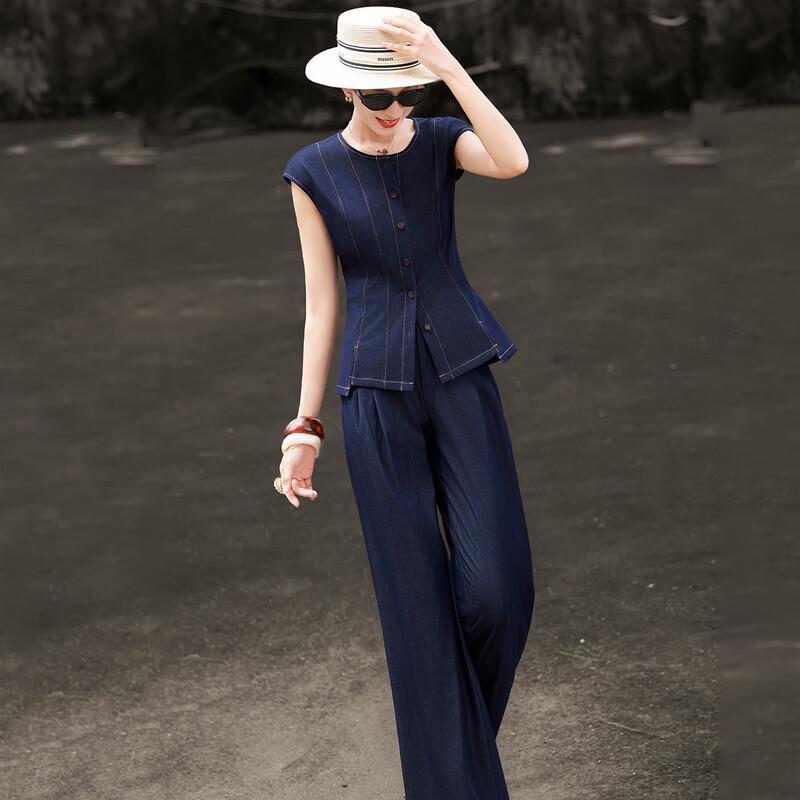 

Lanseer Women s French Retro Wide-Leg Pant Set L