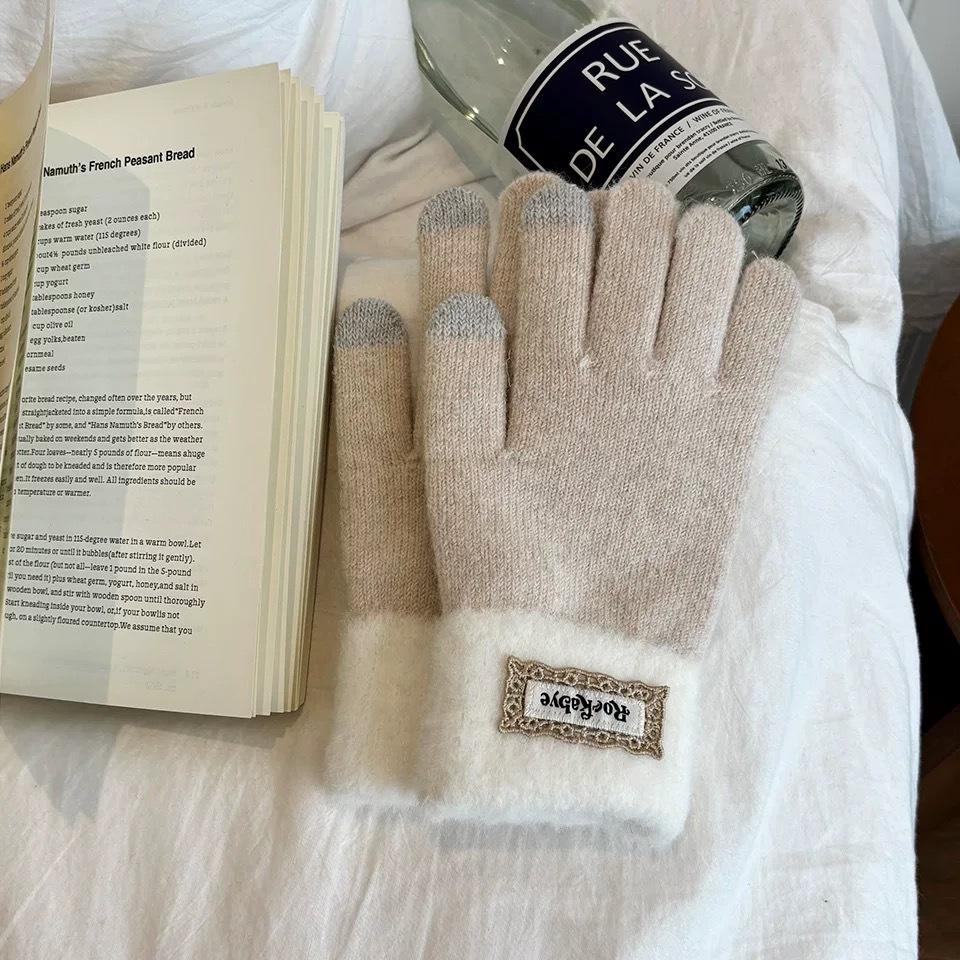 Cute Woolen Gloves for Women Plus Velvet and Thickening  Korean Style Low Saturation Cream Style Finger Gloves  Warm Five Finger Gloves