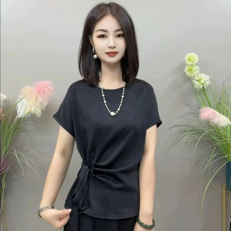 Womens Casual Solid Color Tie Waist Short Sleeve Blouse