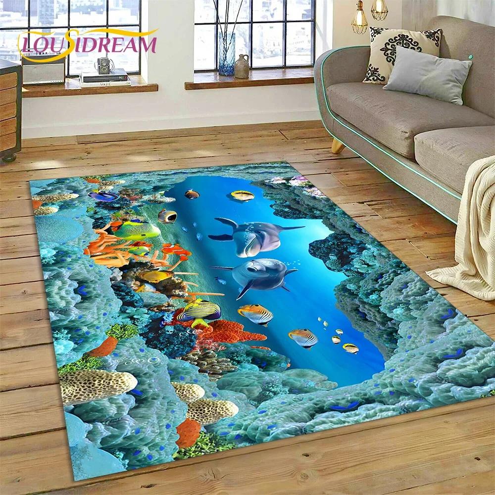 Tappeto Tappeto Decorazione Tappetino per Pavimento Decorazione Cartoon Mondo Sottomarino Illusion 3D Fondo Marino Squalo Delfino per Camera da Letto Soggiorno Divano, Decorazione Bambino