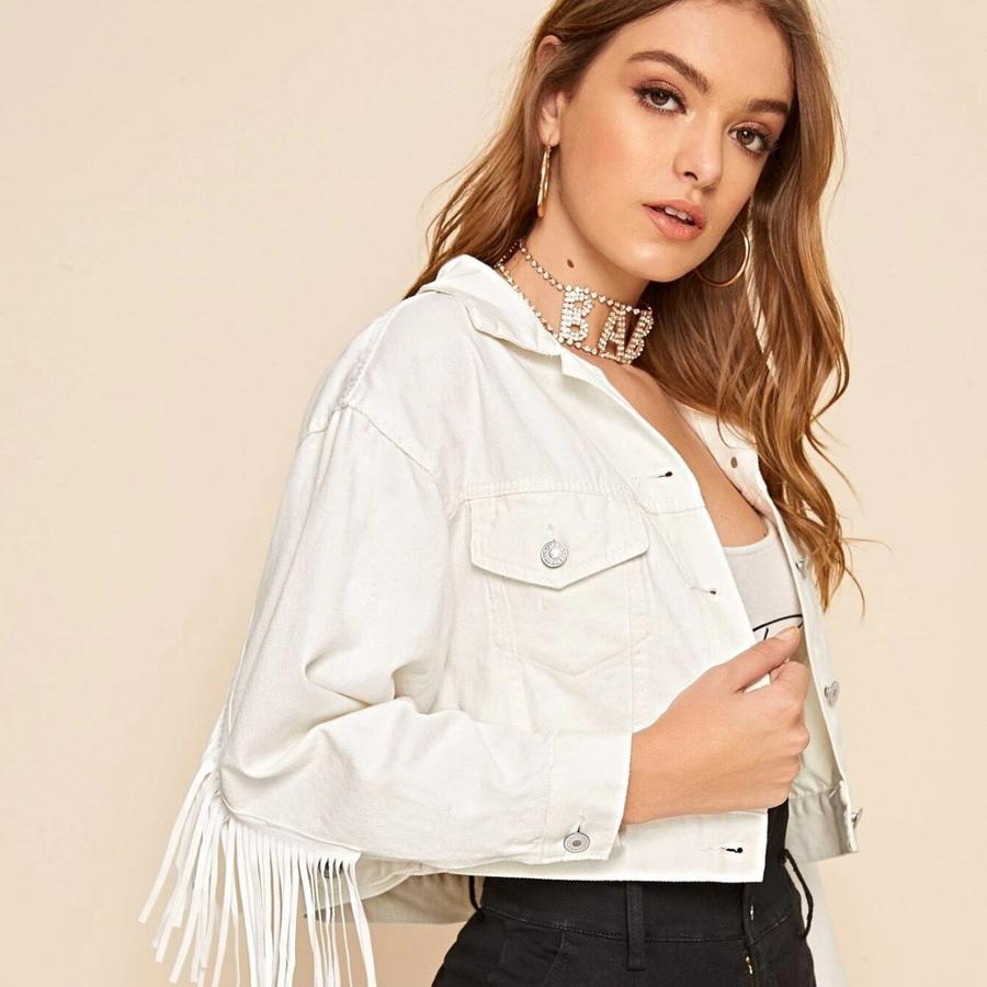 Spring Autumn New Arrivals Women's Fringe Denim Jacket White Coat