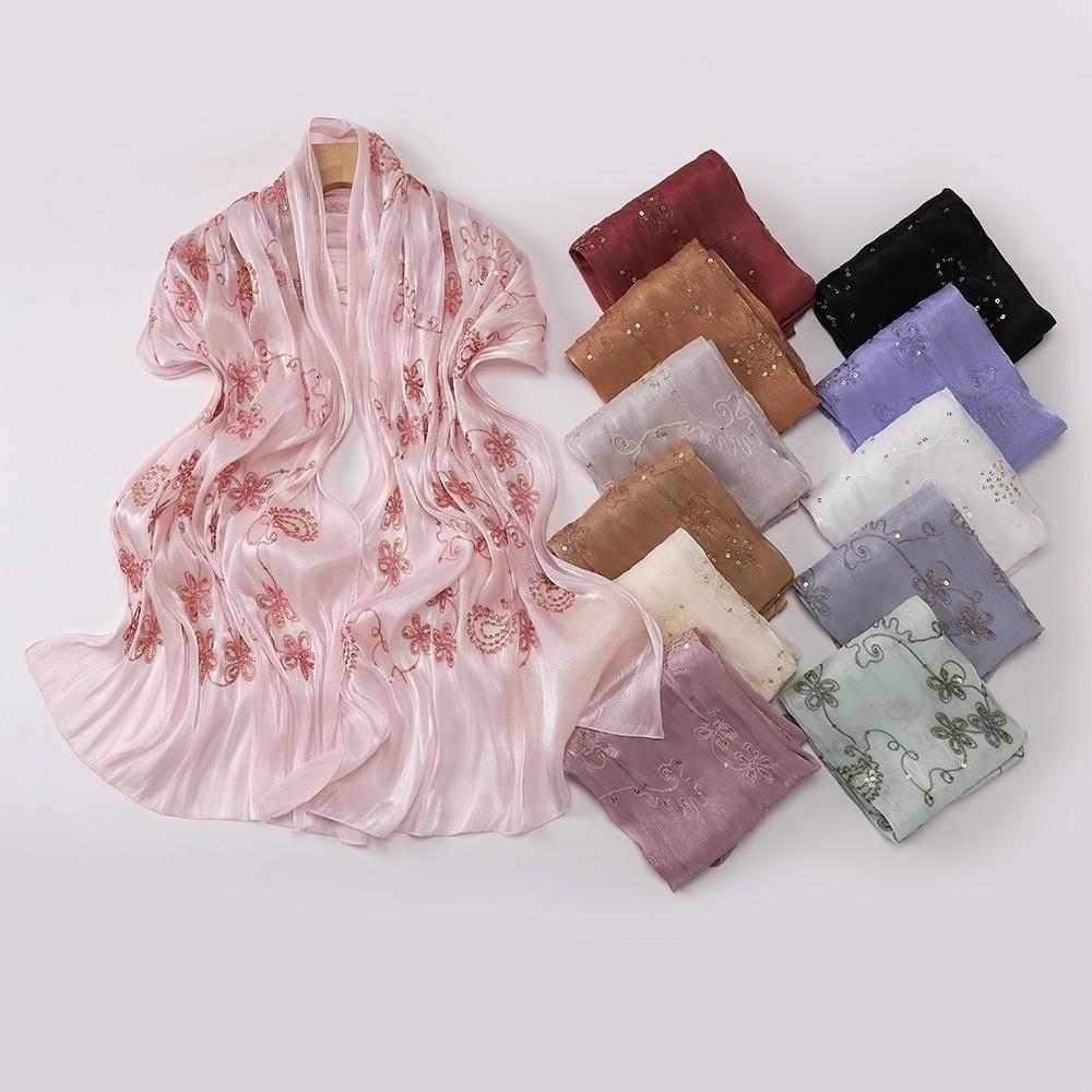 Elegant Glitter Chiffon Shawl Embroidery Crinkle Shawl Flowy Hijab Shawl  for Women