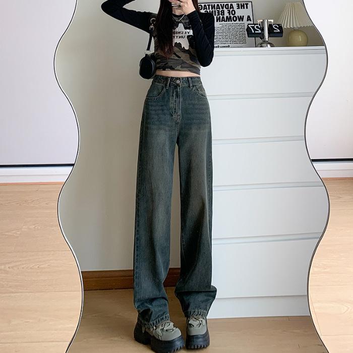 

Women s High-Waisted Wide-Leg Cement Grey Jeans - Autumn/Winter Floor-Length Trendy Drape Pants Extra Large