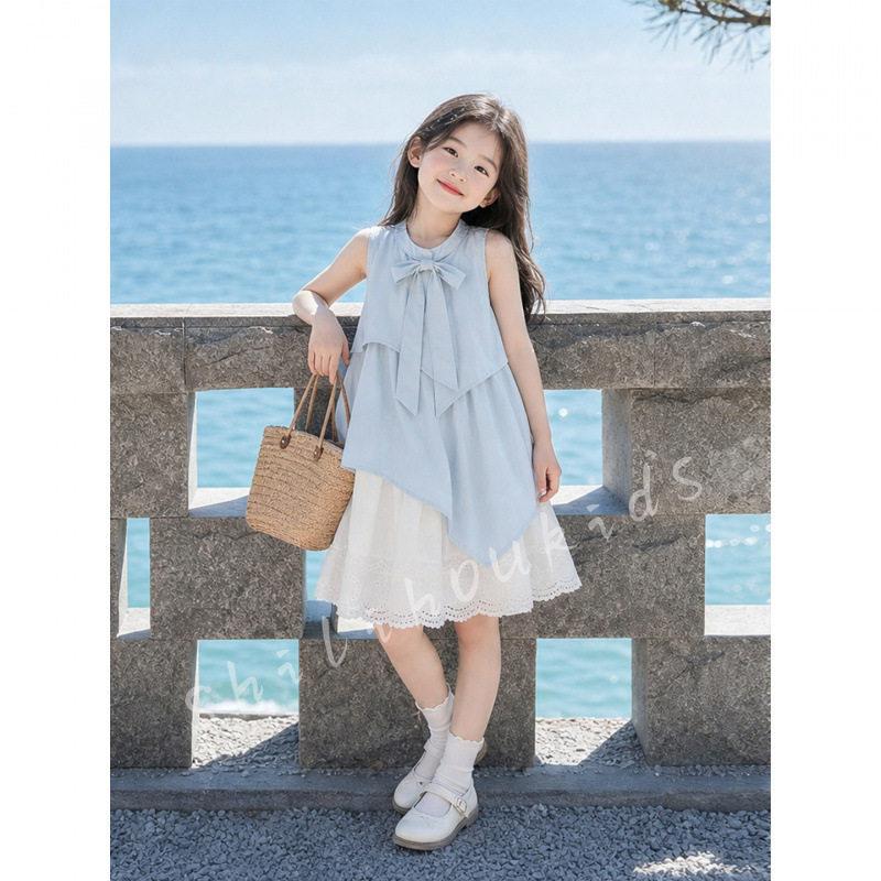 Summer Girls French Sweet Bow Sleeveless Dress Middle Big Kids Princess Fairy Sundress 120