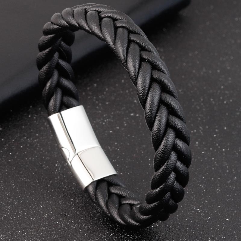 Titanium Steel Leather Bracelet, Woven Black Leather Bracelet, Men's Jewelry 2026