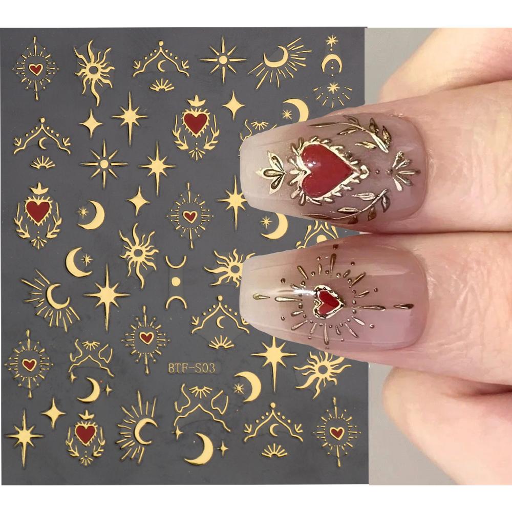 1PC Bronzing Heart Stickers for Nails Gold Sliver Laser Butterfly Star Moon Adhesive Sliders DIY Nail Art Accessories Deco GLBTF-S