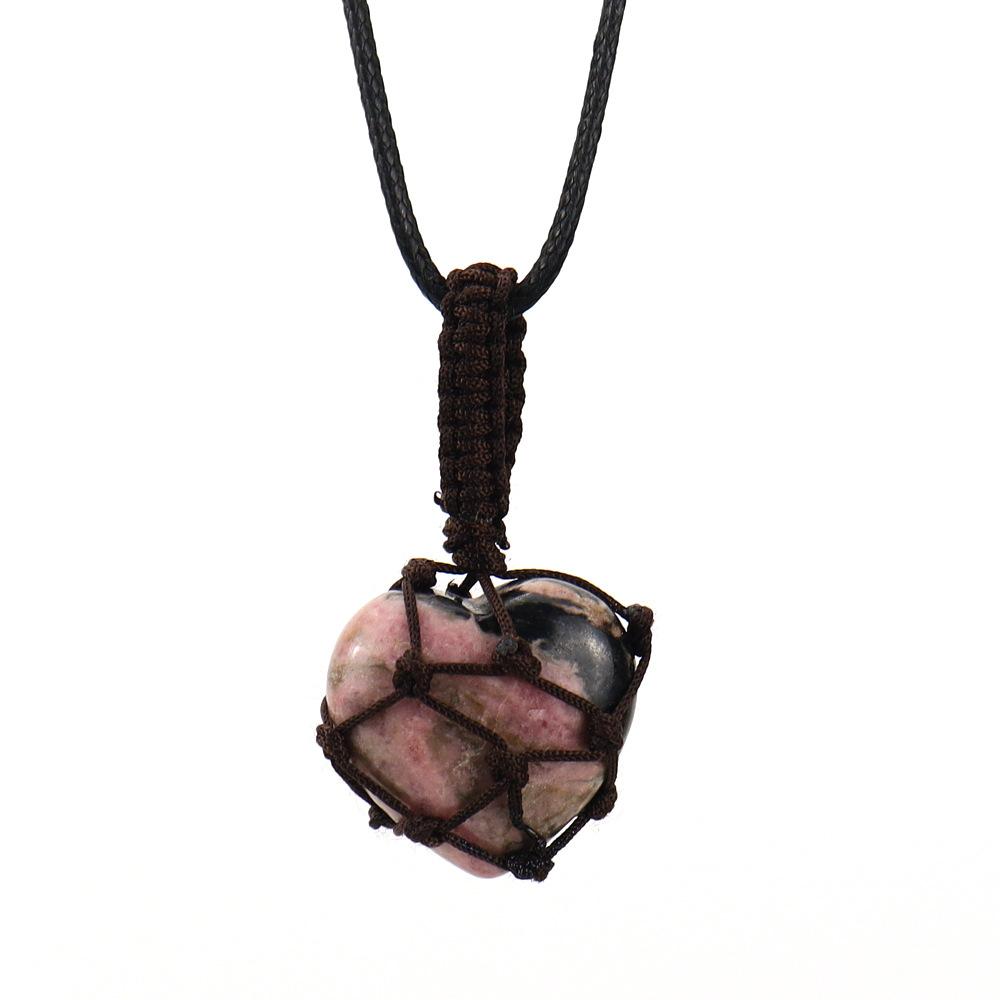 Natural Crystal Tiger Stone Agate Heart-Shaped Love Hand-Woven Mesh Pocket Pendant Necklace N704