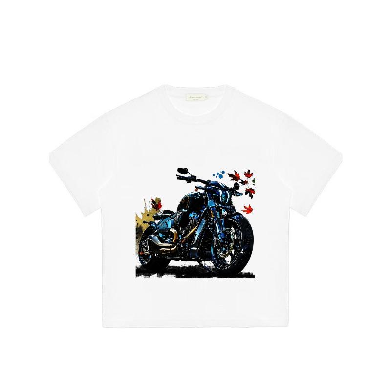 Motorcycle T Shirt Black Blue Motorcycle with Autumn Leaves Print for Casual Wear