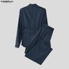INCERUN Men Sets Lapel Neck Striped Belt Blazer Tops Trousers Long Pants Casual Suits
