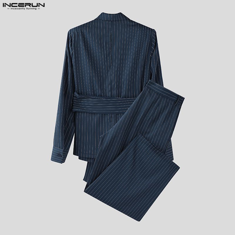 INCERUN Men Sets Lapel Neck Striped Belt Blazer Tops Trousers Long Pants Casual Suits