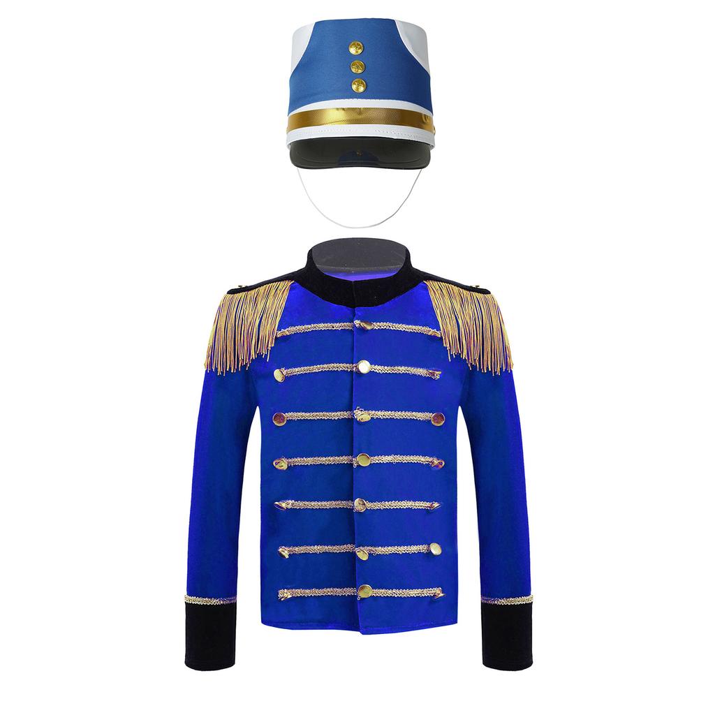 Boys Long Sleeve Tassels Shoulder Gold Braid Adorned Tops Hat Drum Trumpet Team Honor Guard Costume