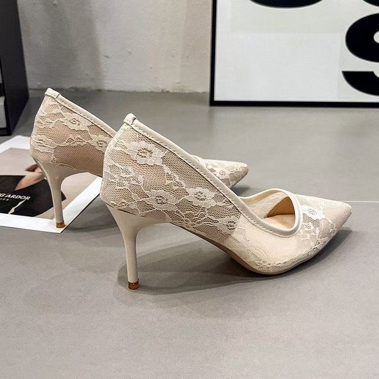 Hollow and breathable French shallow mouth single shoes pointed high heels 2025 new lace stiletto temperament women's shoes women's summer
