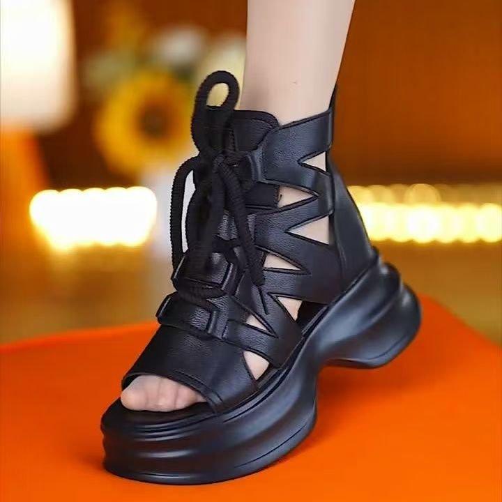 

Hollow Roman sandals breathable 2025 summer new lace-up fish mouth open-toed platform sandals women s fashion muffin bottom 35