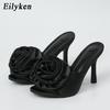 Fashion Eilyken Summer Fashion Silk Flower Peep Toe High Heels Slipper Stripper Slip On Mule Slides Women Party Sexy Sandal Shoes