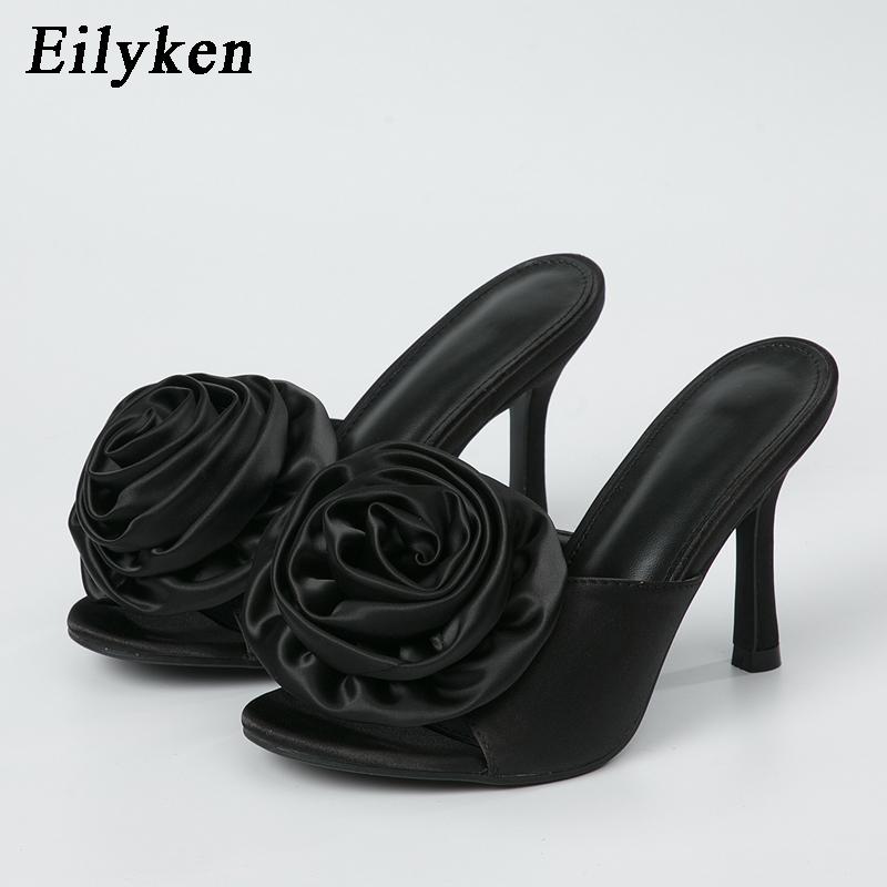 Fashion Eilyken Summer Fashion Silk Flower Peep Toe High Heels Slipper Stripper Slip On Mule Slides Women Party Sexy Sandal Shoes