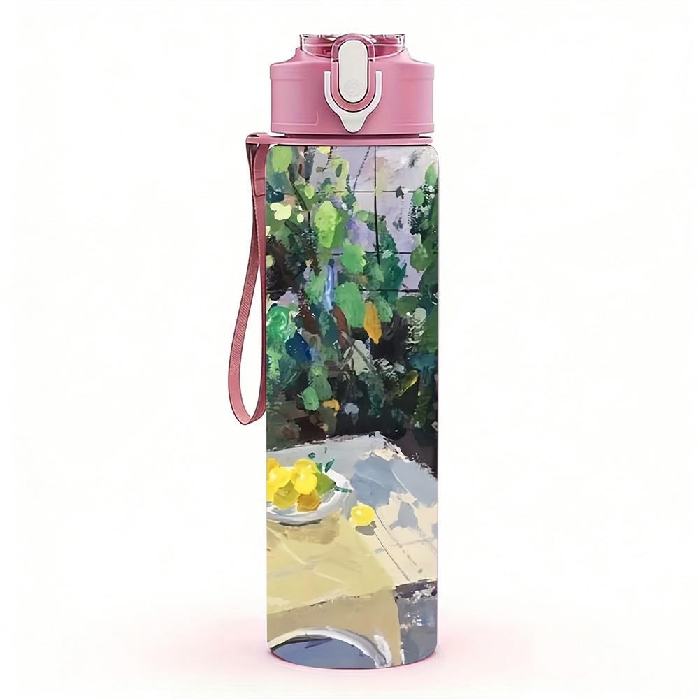 1PC Outdoor Table Picnic Garden Scene Illustration 750ml Color Plastic Sports Water Bottle Leakproof Flip Straw Lid Suitable for Sports Office Use