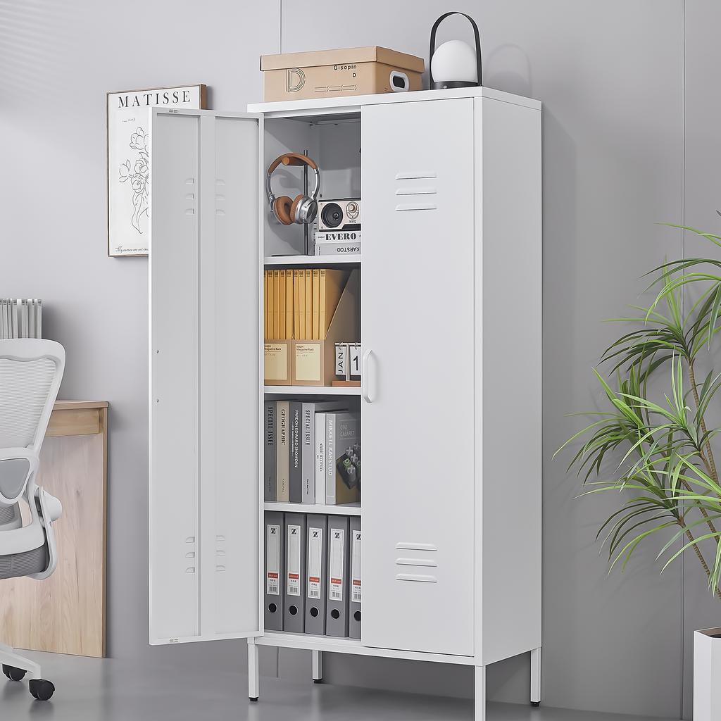 White 2-Door Metal Storage Cabinet with Adjustable Shelves, Ideal for Clothing Storage In Bedroom, Living Room, Office & Gym
