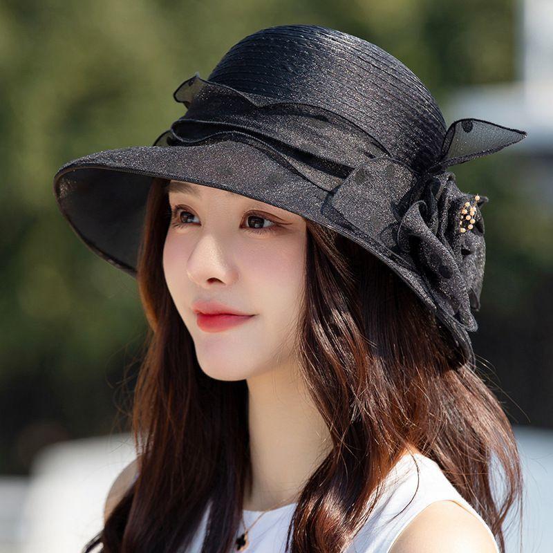 Organza Sun Hats Women Flower Summer Party Wedding Caps Female Elegant Floral Church Hats 2021 New Fashion Anti-UV Beach Caps