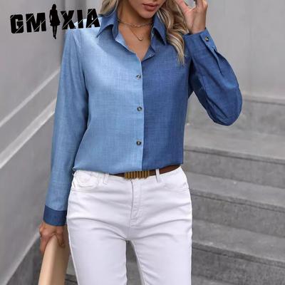 Camisa casual de primavera verano para mujer, de un solo botón, color sólido, a juego de colores, manga larga, con solapa