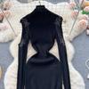 Elegante strass con spalle scoperte manica lunga maglia aderente abito tubino slim basic moda maglione vestido abbigliamento invernale sexy