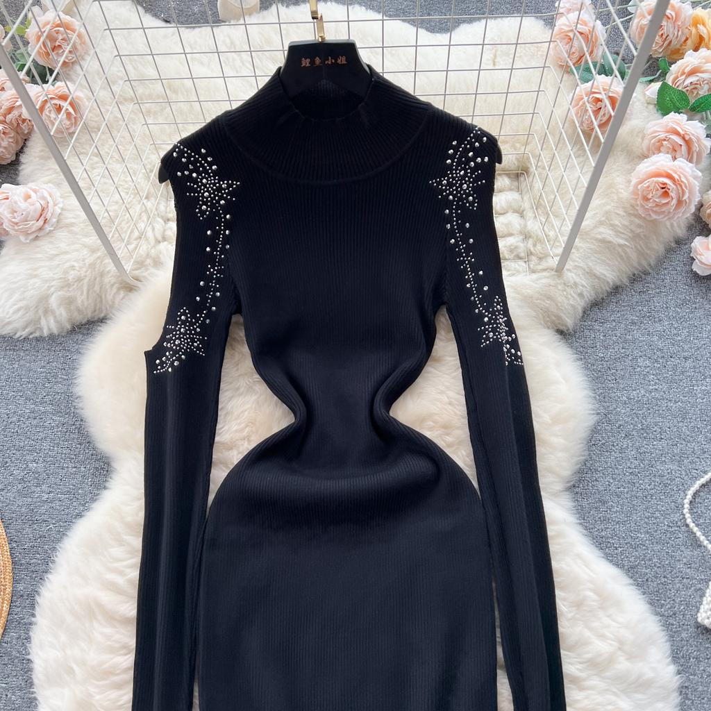 Elegante strass con spalle scoperte manica lunga maglia aderente abito tubino slim basic moda maglione vestido abbigliamento invernale sexy