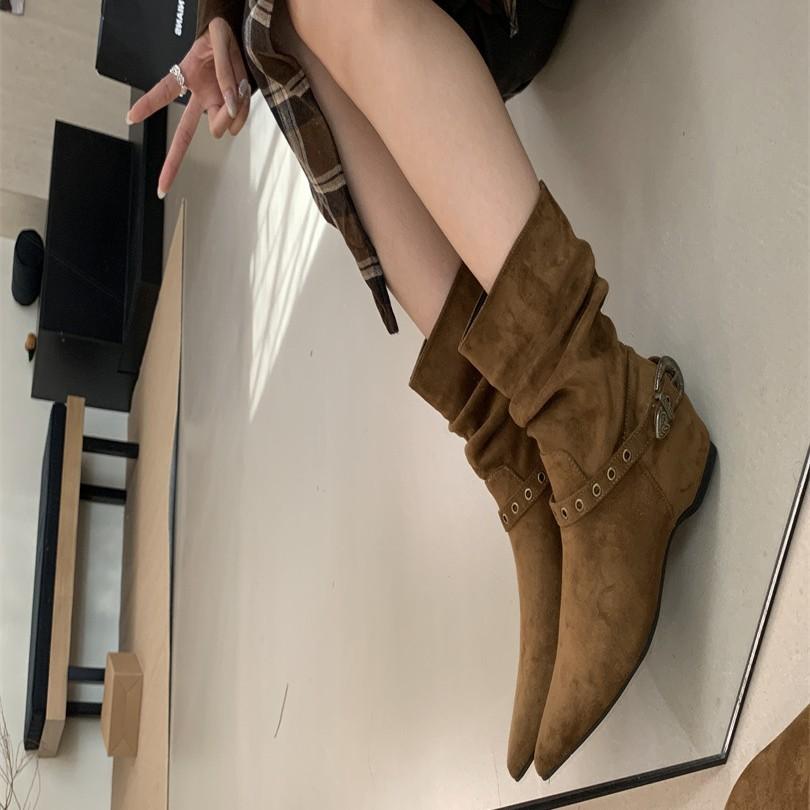 2025 autumn European and American pointed tall tube thin belt buckle knee knight boots western spice girl knight boots