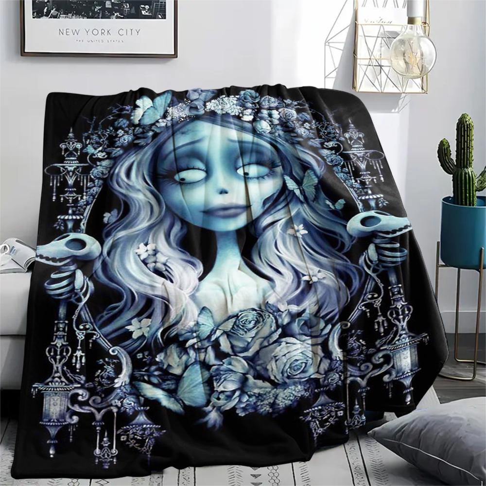 1Pc Corpse Bride Cartoon Print Flannel Blanket, High Quality Comfortable for All Seasons, Home Decor, Warmth and Comfort, Perfect for Gifts
