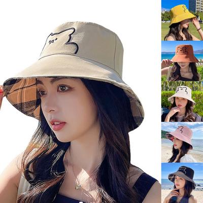 Fishing Hat Cotton Double-sided Embroidered Bear Pattern Sunshade Bucket Beach Hats