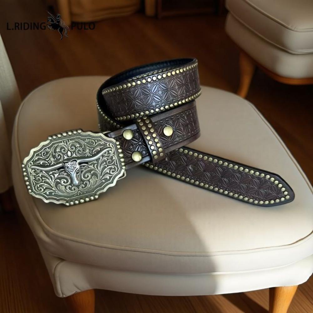 Cintura Western in Denim Tendenza Retro Gioventù Punk Rilievo Uomo Borchie Pelle Cintura