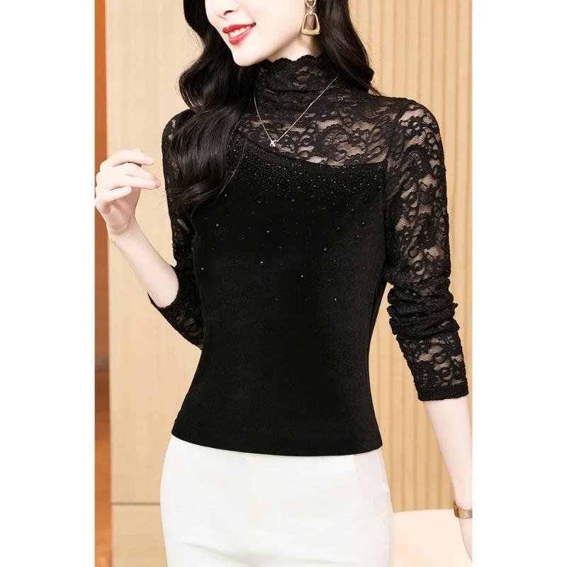 Women's Elegant Half Turtleneck Lace Top Rhinestone Decor Long Sleeve Slim Fit Warm Casual Blouse