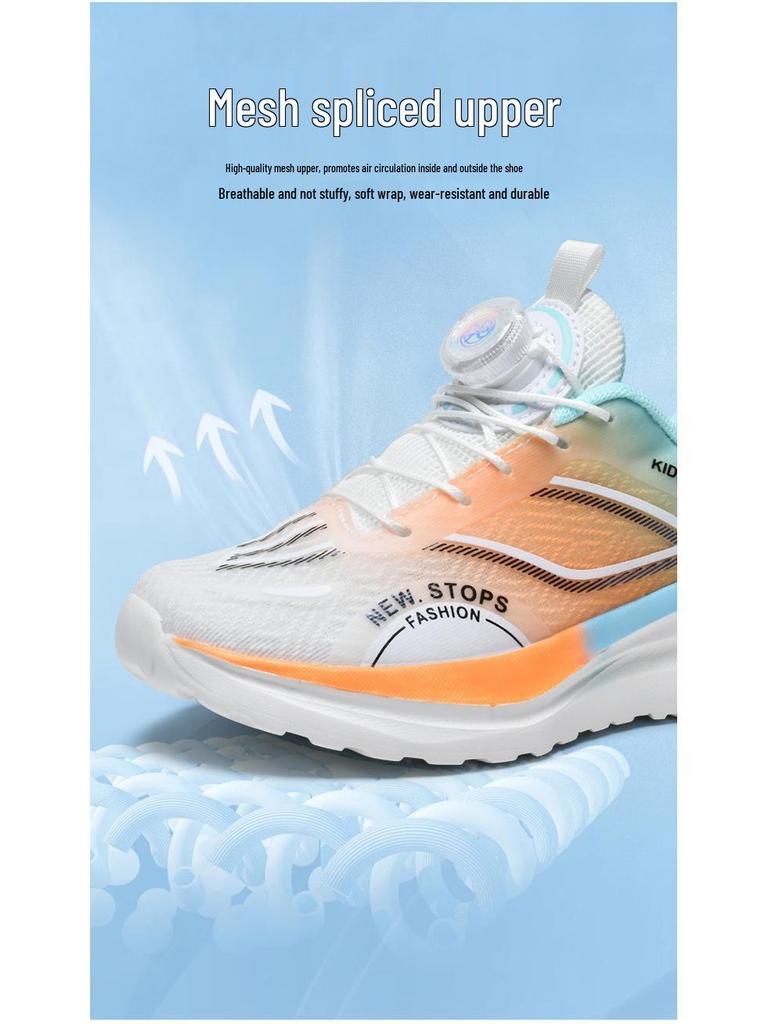 Boys' No-Tie Breathable Mesh Running Shoes, Non-Slip Spin Buckle, Fashionable Spring/Autumn Sports Shoes for Medium and Large Kids