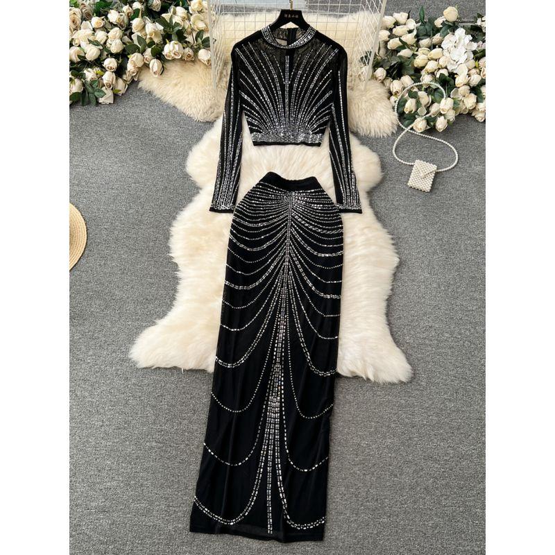 Fashion Socialite Style Suit Women's Accessible Luxury Heavy Embroidery Hot Drilling Long Sleeves Tops + Skirt Sheer Mesh Dress Fashion